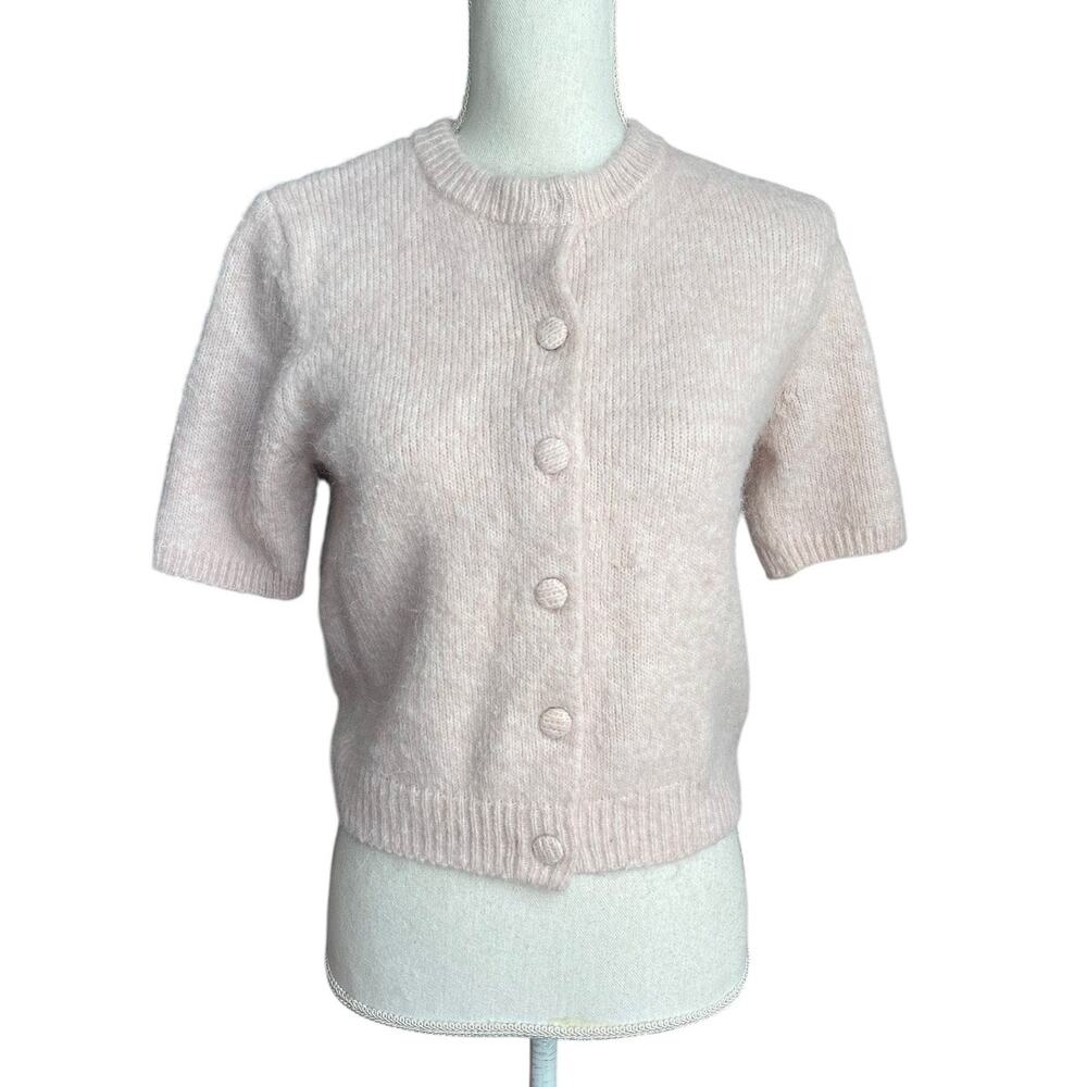 H&M pink blush mohair short sleeve cardigan sweater feminine preppy size small